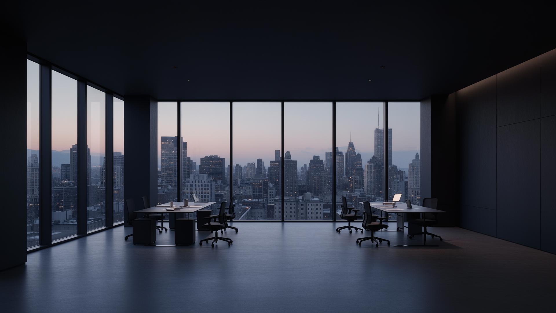 Minimal office overlooking a city at dusk